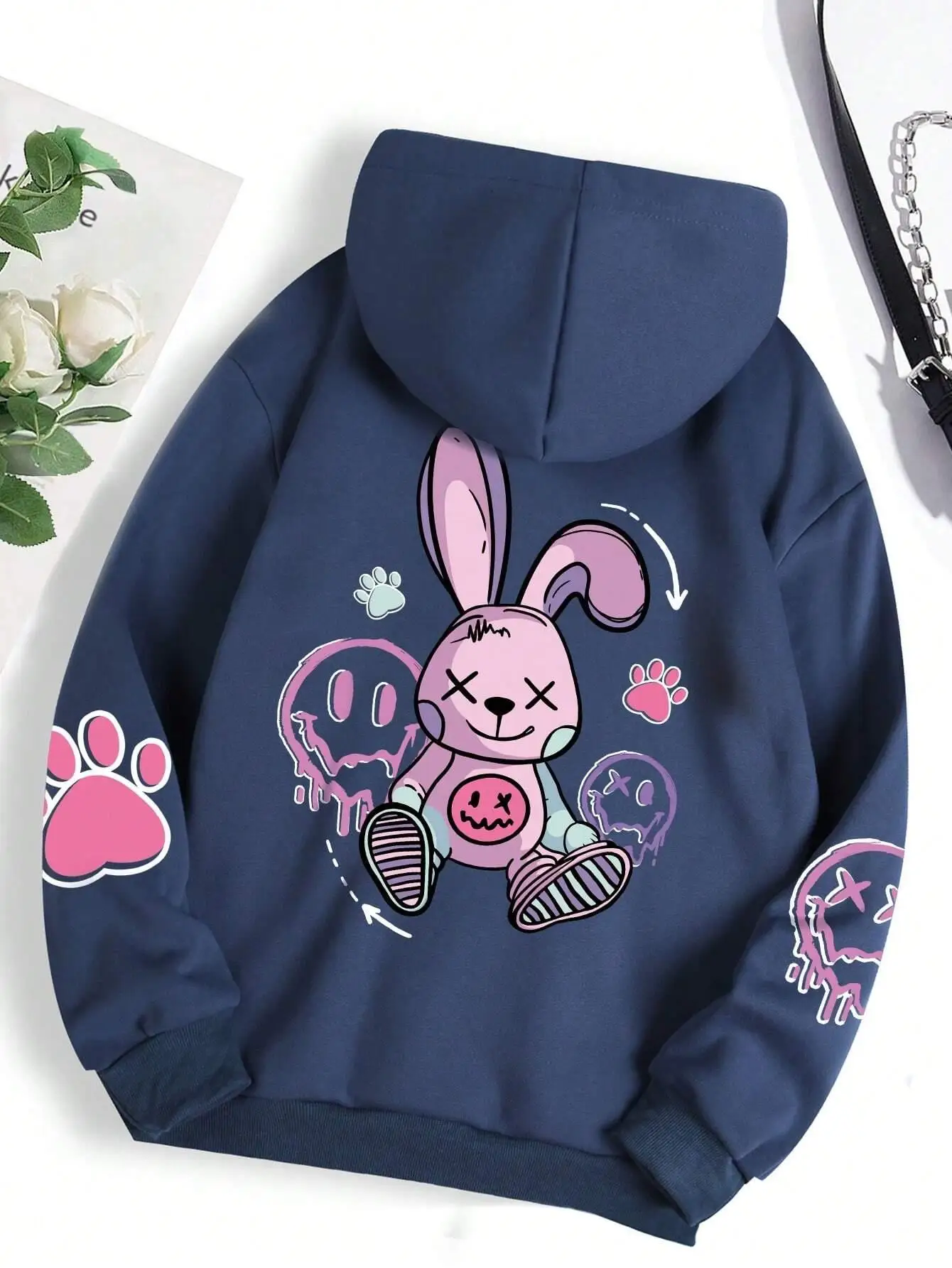 Casual Womens Hoodies Good Cartoons Pink Rabbit Cute Printing Pullovers Fleece Warm Loose Pocket Sweatshirts Autumn Clothing