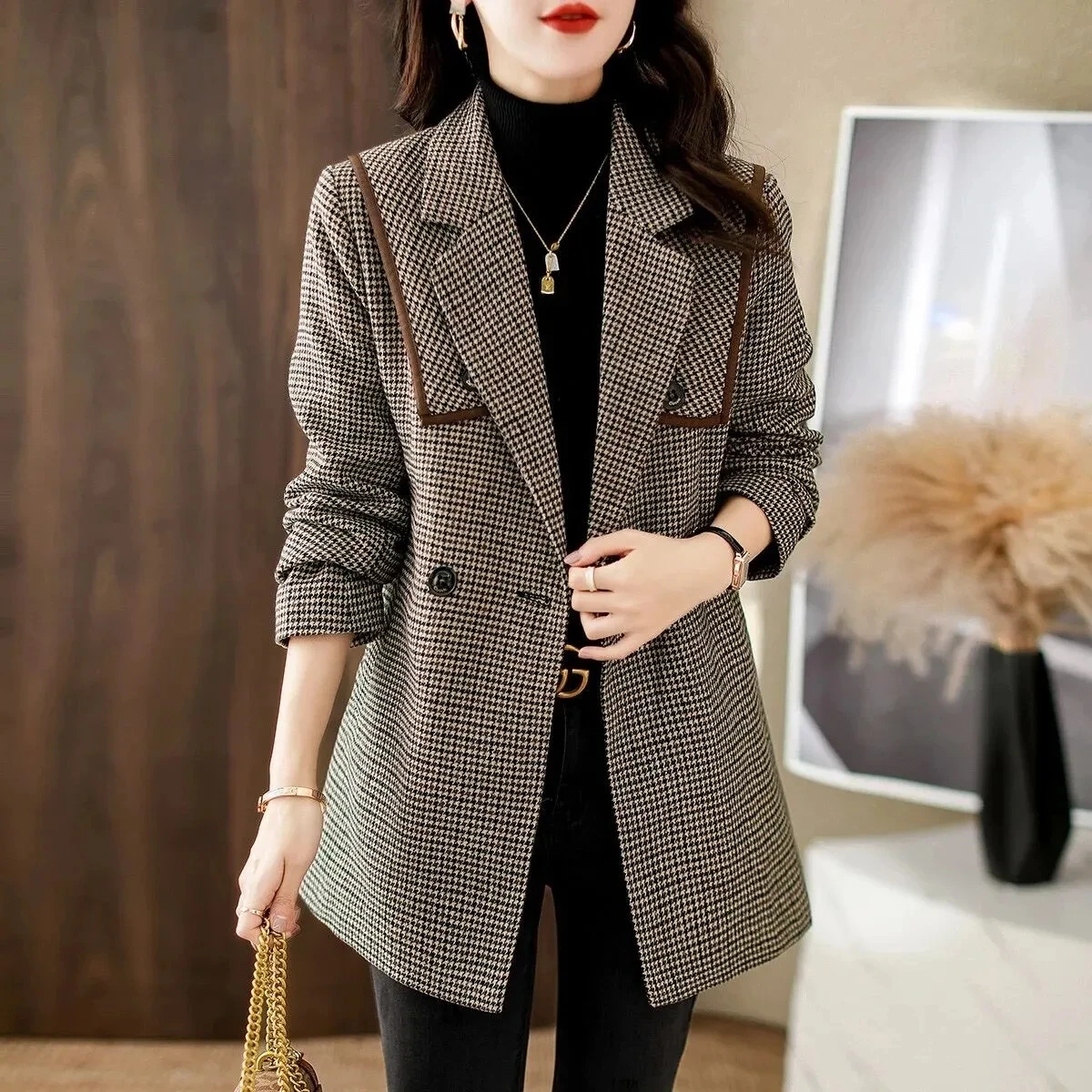 

2024 Winter New Fashion Commuter Thousand Bird Grid Wool Coat Women's Elegant Temperament Slim Suit Coat Female Casual Coat Top