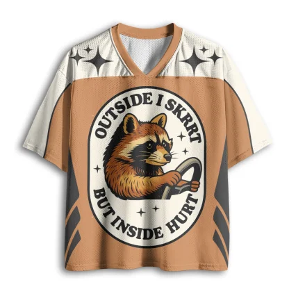 Outside I Skrrt But Inside Hurt Raccoon Driving Print Men V Neck Mesh Jersey Retro Tops