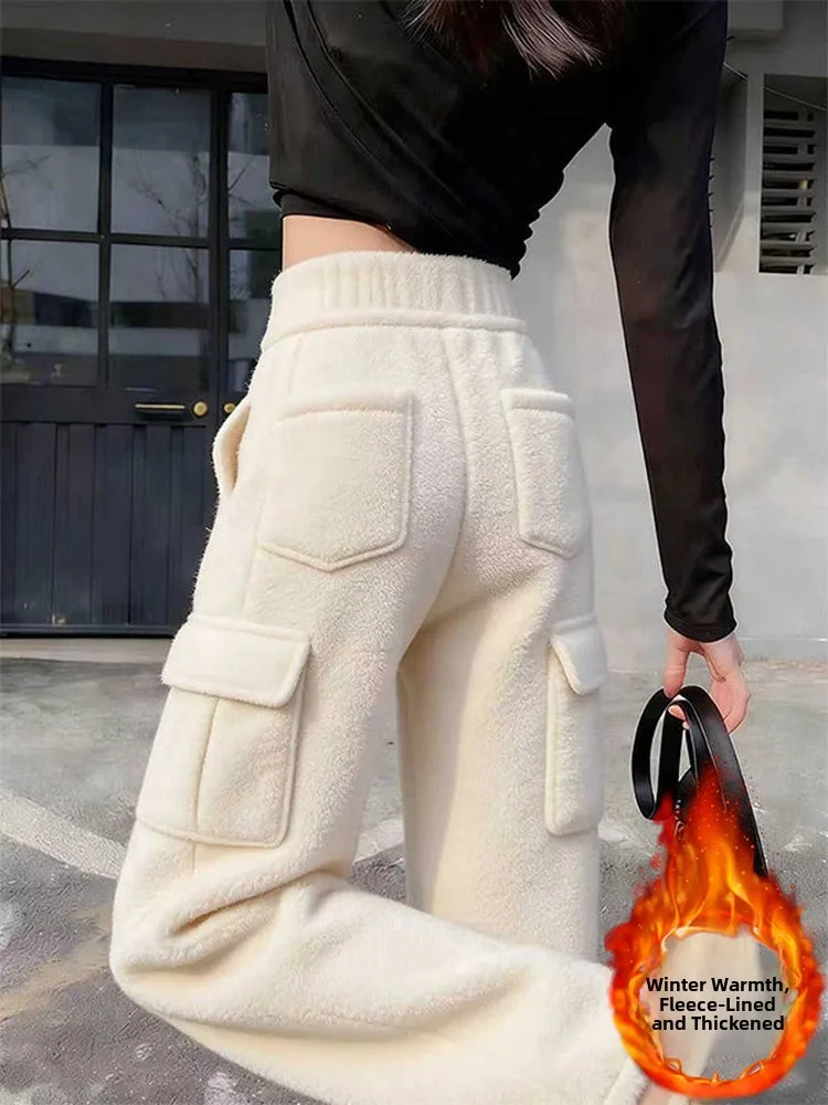 High Waist Wide Leg Pants Women's Thiened Multiple kets Casual Straight Leg Trousers Winter New Sle Workwear Sle