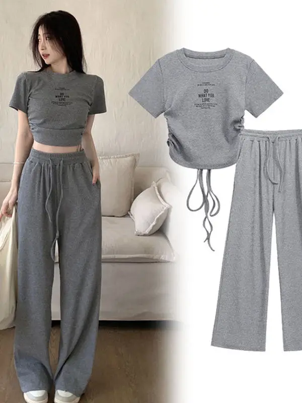 plus Size Women's Summer Outfit Short Sleeve T-Shirt Top And High Waist Wide Leg Pants Two Piece Set Korean Style Commute Fas...