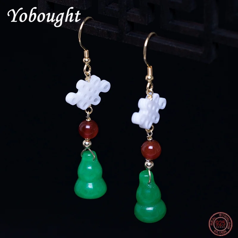 

New 925 Sterling Silver Inlaid With Jade Red Agate Chinese Knot Earrings Women's Handmade Ethnic Style DIY Jewelry