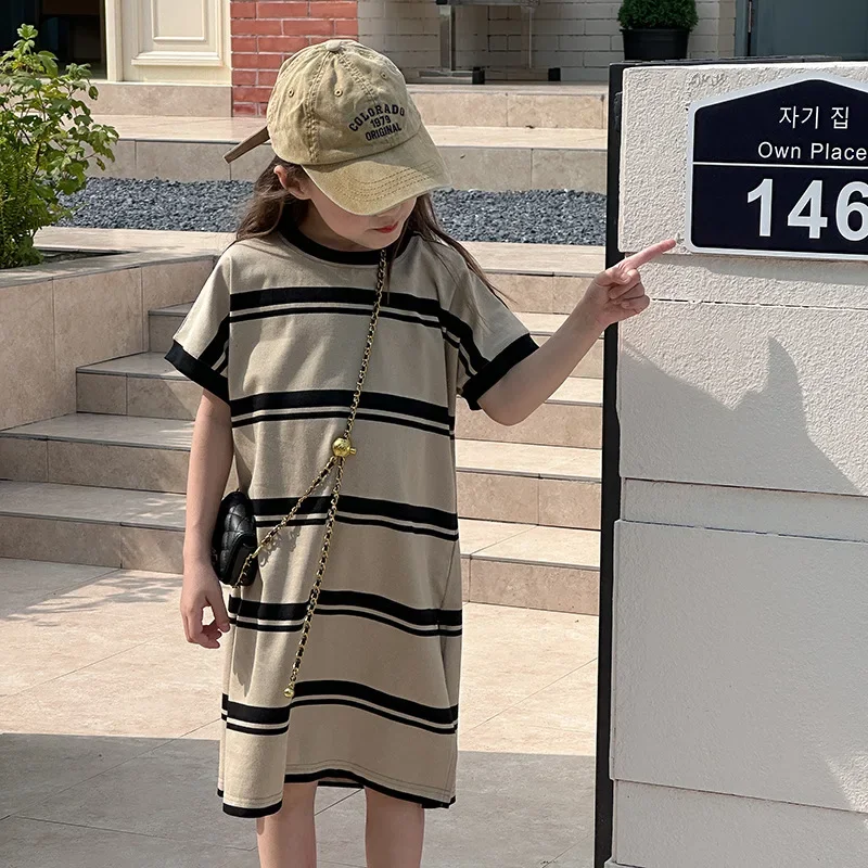 

Kids loose striped dress 2024 Summer Girls Mid Length slit short sleeved dress 2-7Y