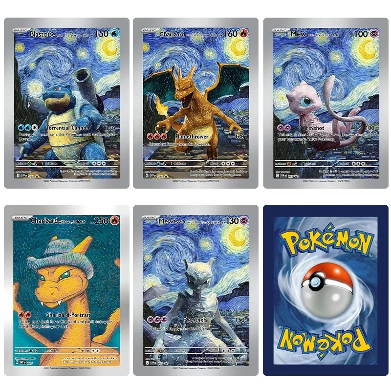 Pikachu Van Gogh Museum Pokemon Collection Cards DIY Pokemon Classic Single Card Game Anime Self Made Cards Gift Toys