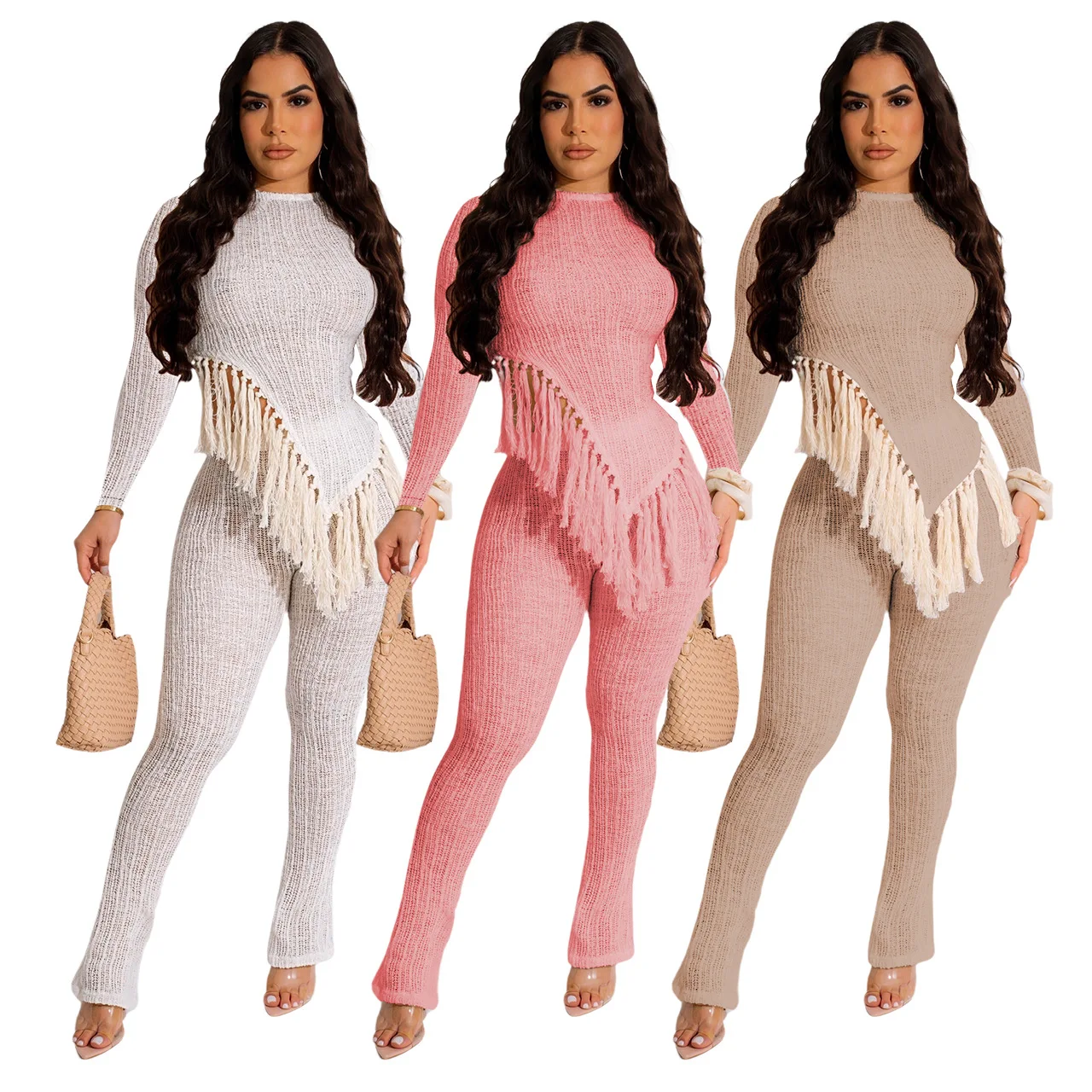 European and American autumn women's irregular hem tassel long sleeved pants two-piece set