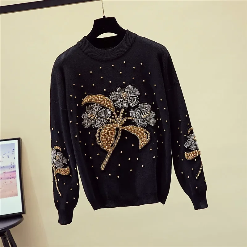 

Autumn Women Set Beading Flowers Sweater Knitted Pencil Pants Two Piece Outfits Female Loose Black Pullover Knit Trousers Suit