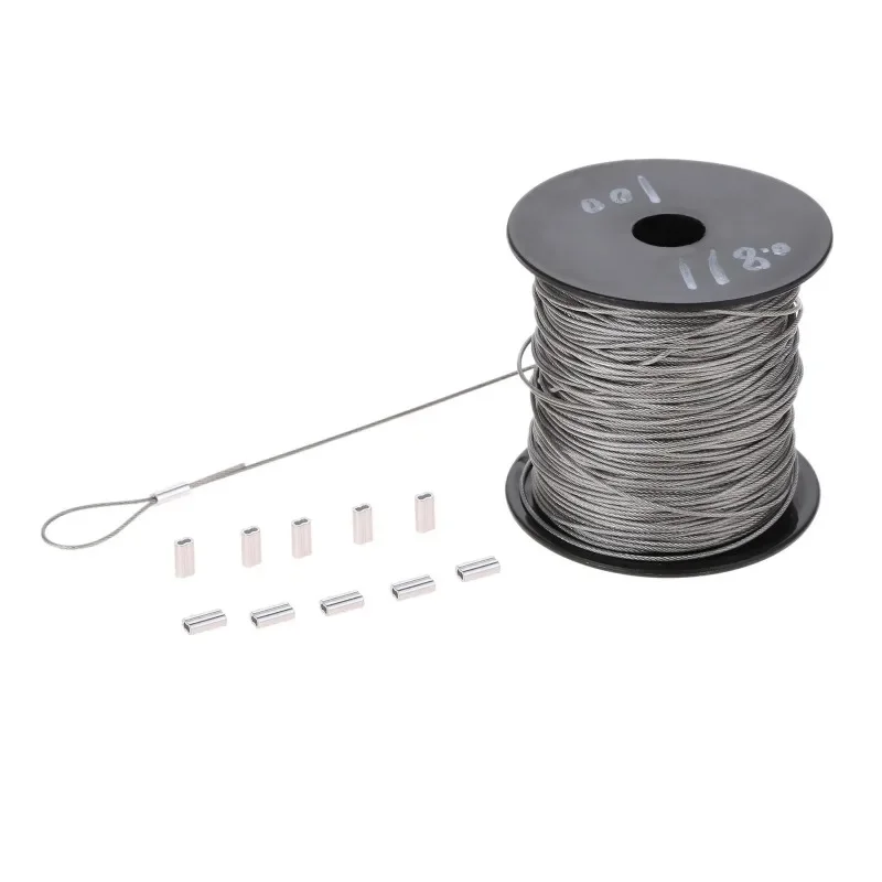 Cuerda de alambre de acero inoxidable de 100m + manga de bucle de prensado de 150 piezas, Cable recubierto multifuncional de 7x7 de 1mm de diámetro,