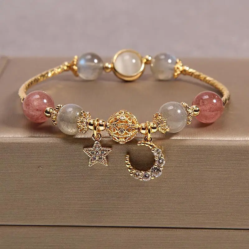 

Natural Moonstone Crystal Bracelet Women's Strawberry Crystal Star Moon Love Hand String Cute Girl Ins Niche Design Light luxury