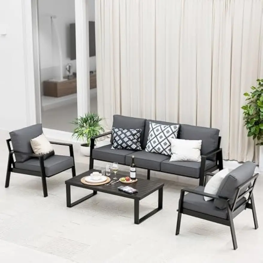 Set furnitur teras luar ruangan, 4 buah Set percakapan aluminium, Sofa berbagian dengan bantal 5.5 ", 5 dudukan dengan meja, abu-abu