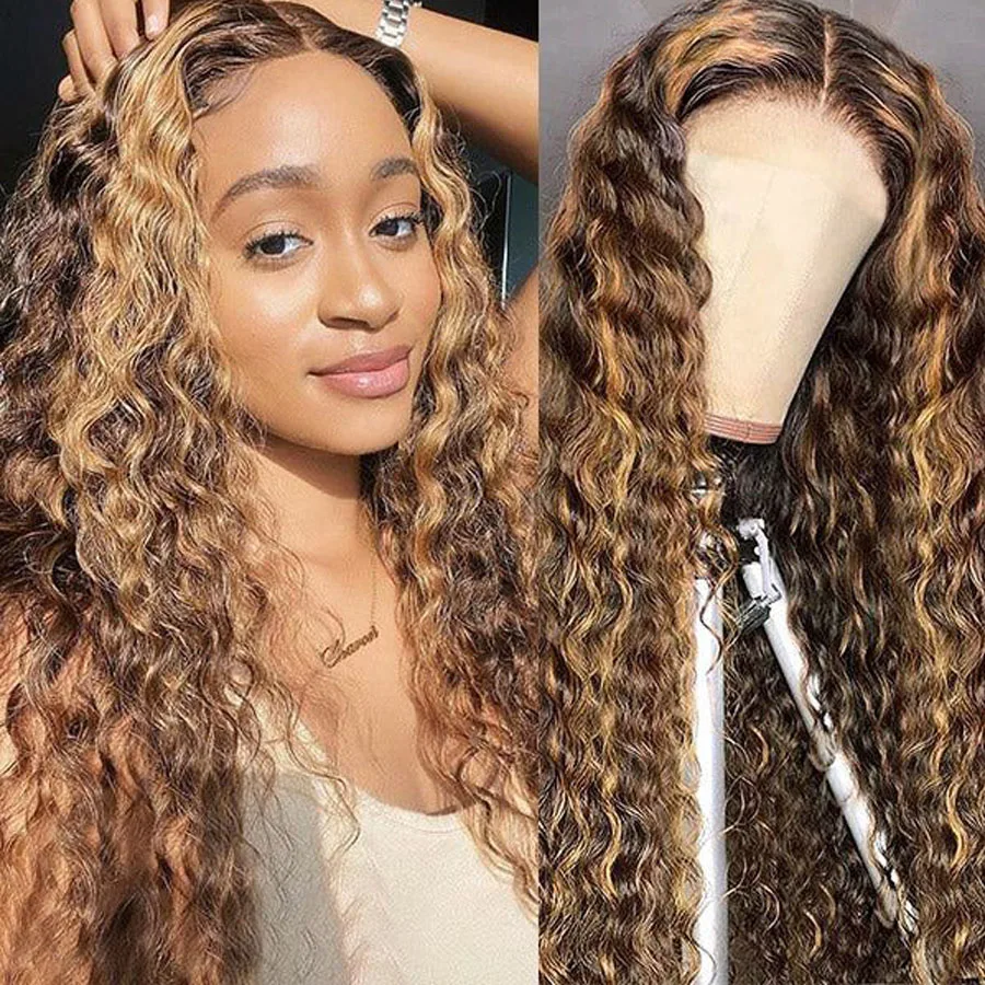 

30 32 Inch Ombre Highlight Lace Front Wigs Human Hair P4/27 Deep Curly Wave 13x4 HD Lace Front Wigs Pre Plucked With Baby Hair