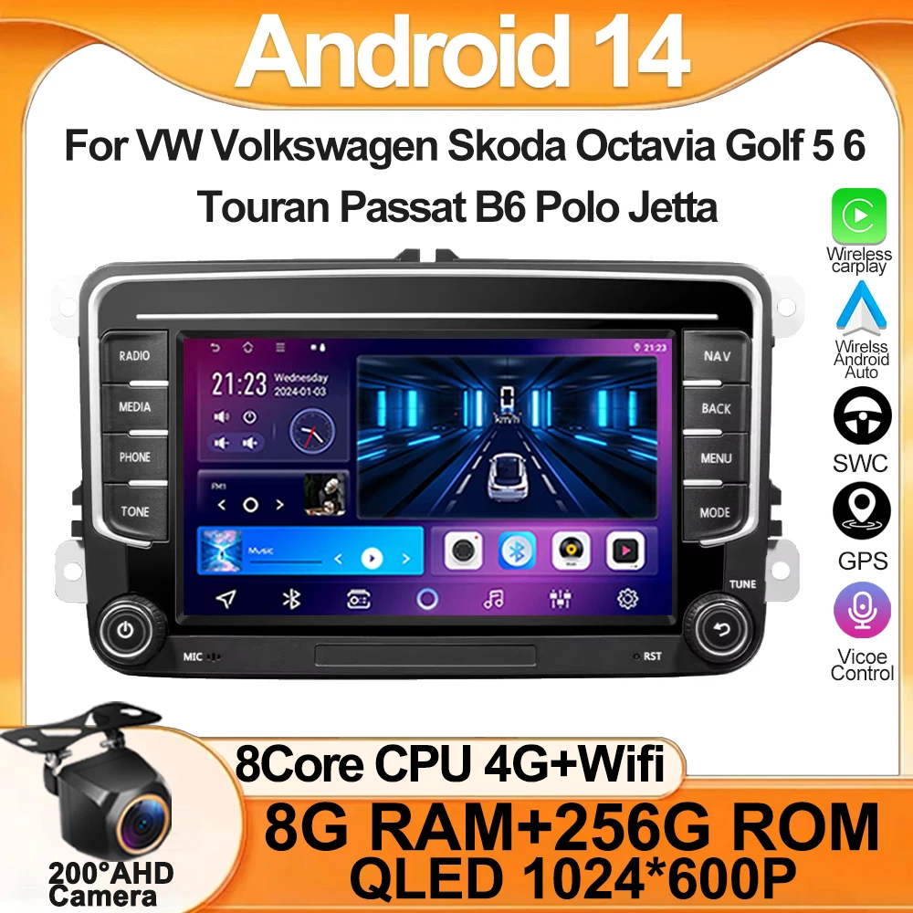 Android 14 Car Radio Carplay For VW Volkswagen Skoda Octavia Golf 5 6 Touran Passat B6 Polo Jetta CarPlay Auto Navigation Stereo