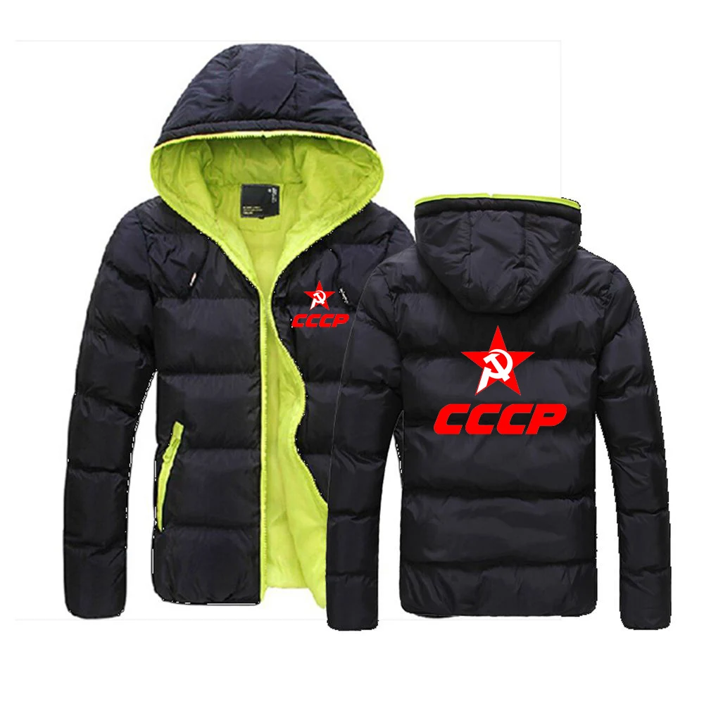 CCCP Russian 2023 Men's USSR Soviet Union New Winter Fashion Printing Coat Color Block Zipper Hooded Cotton Padded Warmer Jacket