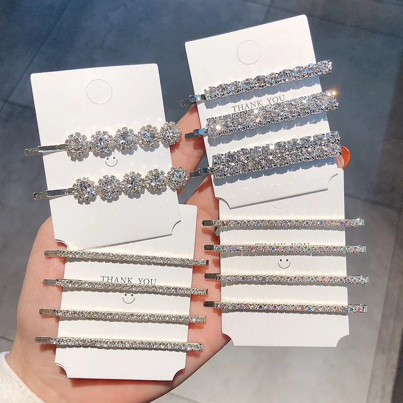 Crystal Side Bangs Hair Clips Set Korean Ins Simple Elegant Flat Bobby Pins for Women Girls Daily Wear Fashion Hair Accessory