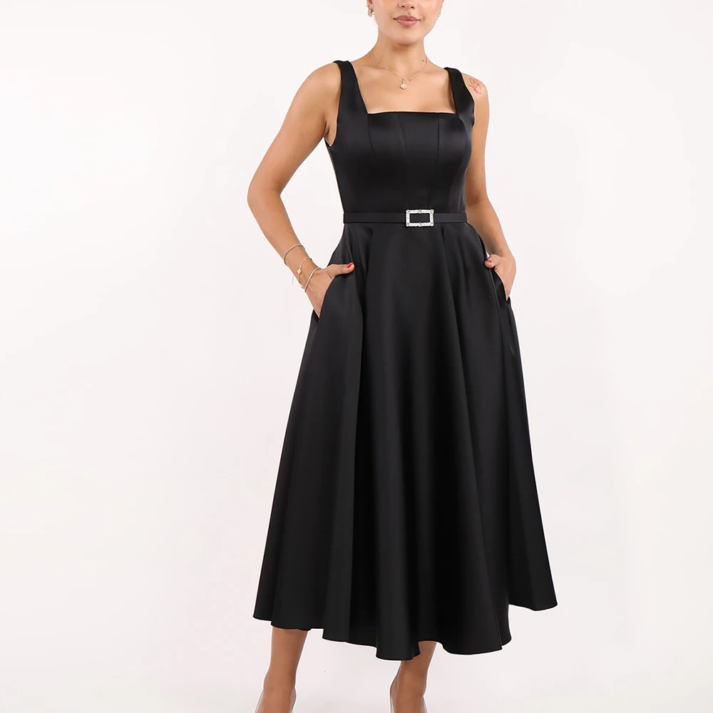 

Classic Celebrity Dress Tea Length Satin Sleeveless Square Neck Straight Sahes Solid Color Pleats Dresses For Formal Occasions