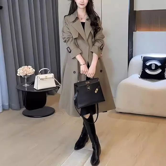 المرأة أزياء الخريف ضئيلة معطف واقٍ من المطر الصلبة بدوره إلى أسفل طوق طويلة الأكمام حزام الديكور مزدوجة الصدر معاطف الإناث #4