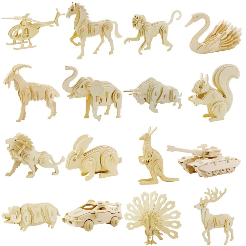 Mainan Puzzle Jigsaw Hewan Kayu 3d untuk Anak-anak Diy Puzzle Kayu Buatan Tangan Puzzle 3D Hewan Serangga dan Mobil P550