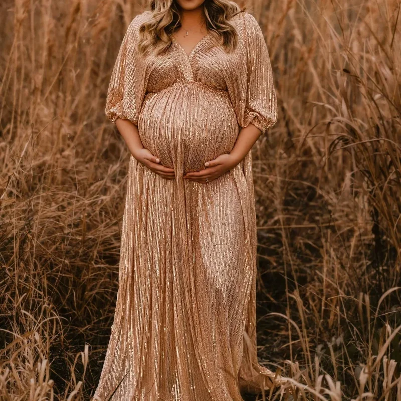 Elegant Sequin Maternity Photography Props Dress Boho V-neck Maternity Photo Shoot Dress Pregnant Woman Clothes For Photography