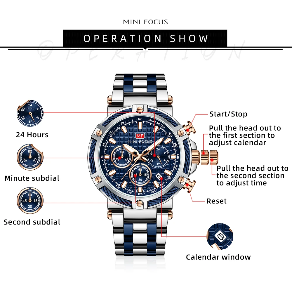 MINI FOCUS Sports Quartz Watch for Men Fashion Multifunction Sub-Dials Calendar Stainless Steel Strap Luxury Mens Watches 0470G