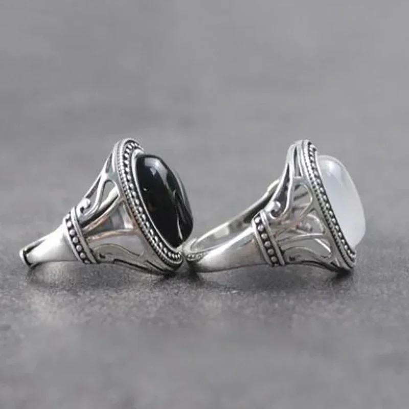 Natural Black Agate Chalcedony Opening Adjustable Ring Original Designer Craft Hollow Charm Women Thai Silver Brand Jewelry