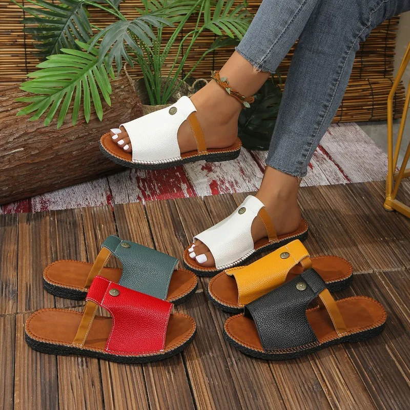 وصل حديثًا لصيف 2025 شباشب غير رسمية ذات لون سادة مفتوحة من الأمام مريحة مانعة للانزلاق صنادل نسائية بكعب منخفض Жеanskaya Оbuvai #1