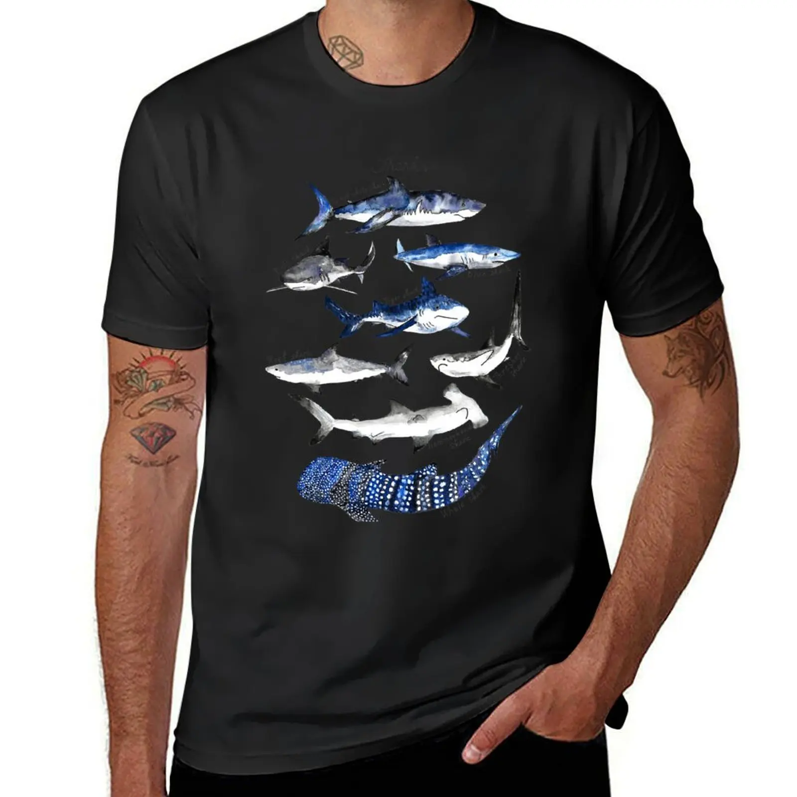 Sharks Watercolor Chart T-Shirt new edition Short sleeve tee mens big and tall t shirts