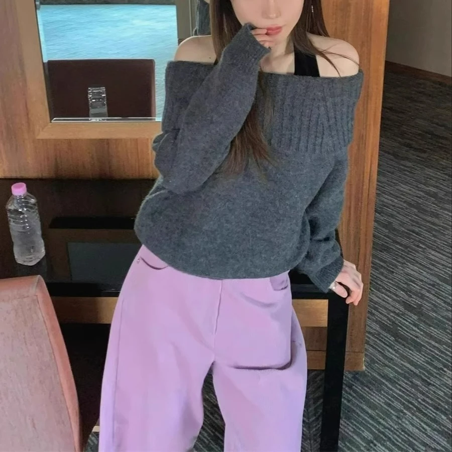 

Winter Sexy Off Shoulder Versatile Style Pullover Sexy Strapless Knitted Sweater