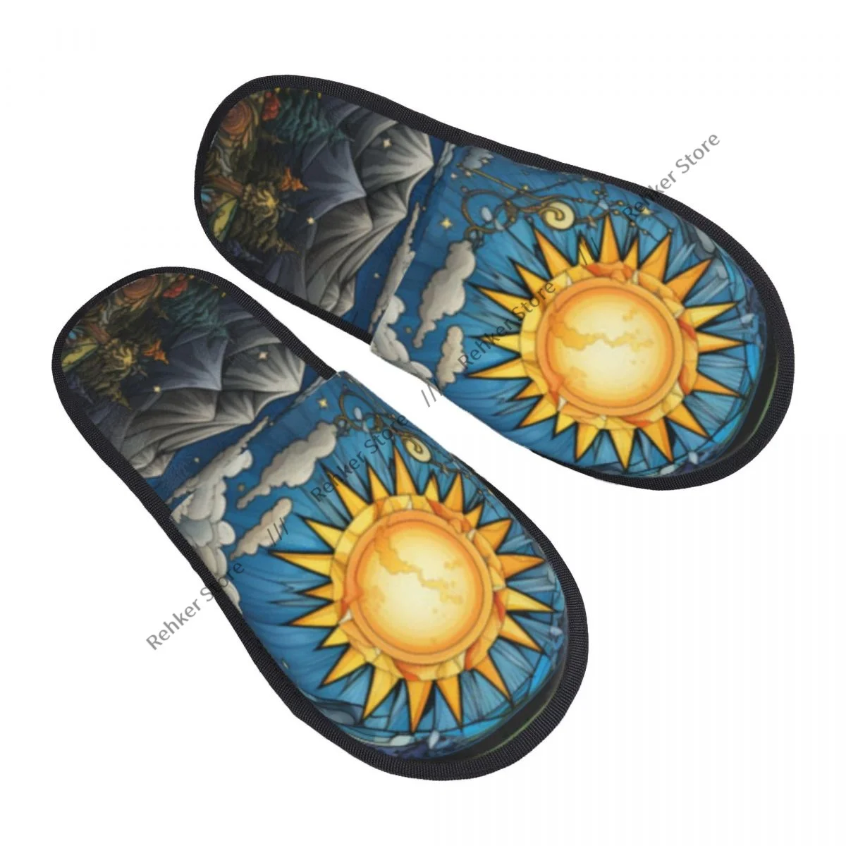 Soft Slippers Night Sky With Moon Stars Sun Clouds Mountains Forest Non-Slip Floor Indoor Home Furry Slippers Shoes For Bedroom