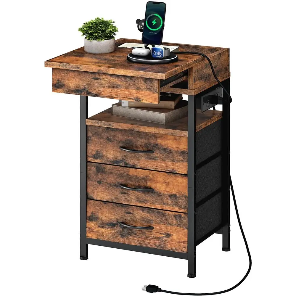 

Rustic Brown and Black Nightstand with Charging Station, Fabric Drawers, Lockable Storage, 2 AC Outlets, 1 USB-A, 1 USB-C