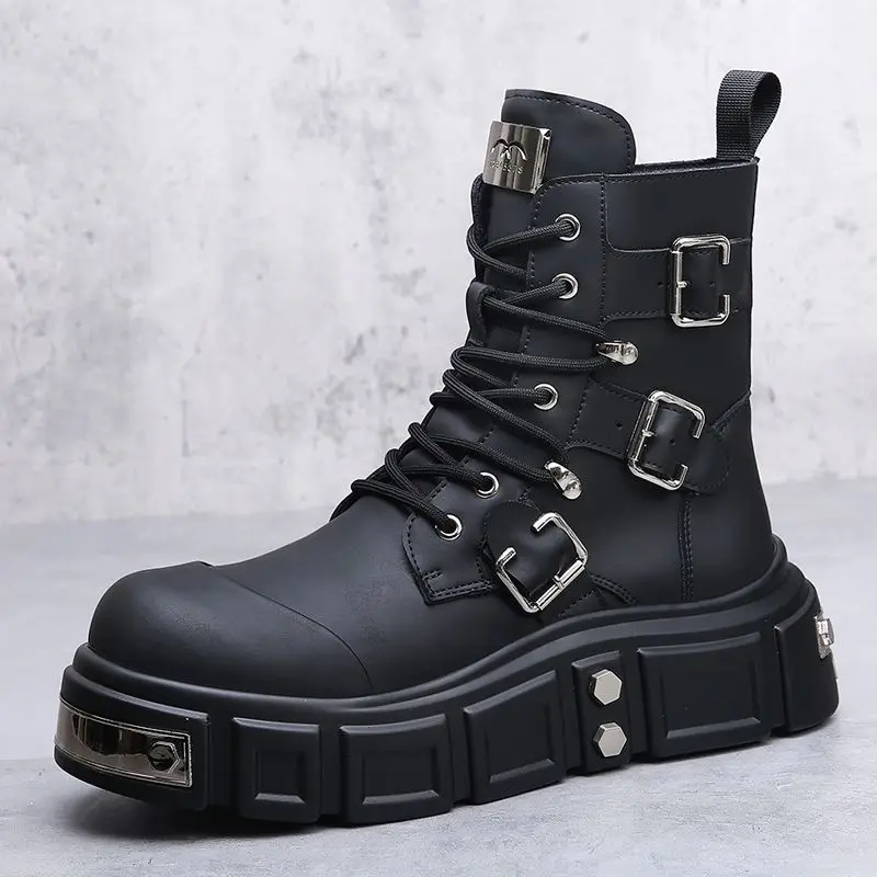 

2025 Winter New Thick-Soled Height-Increasing Punk Men's Trendy Retro High-Top Motorcycle Work Leather Boots