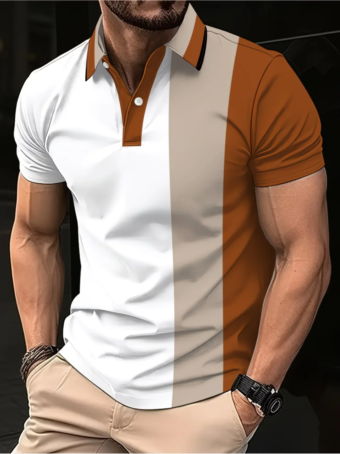 Summer geometric stripes and badge design, breathable sports top with collar and button details, suitable for casual and sports