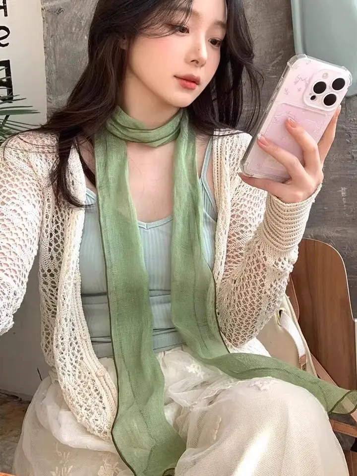 

Spring Summer Japan Korea Style Linen Pastoral Scarf Mori Long Silk Scarf Literary and Retro Style Vacation Neck Scarf