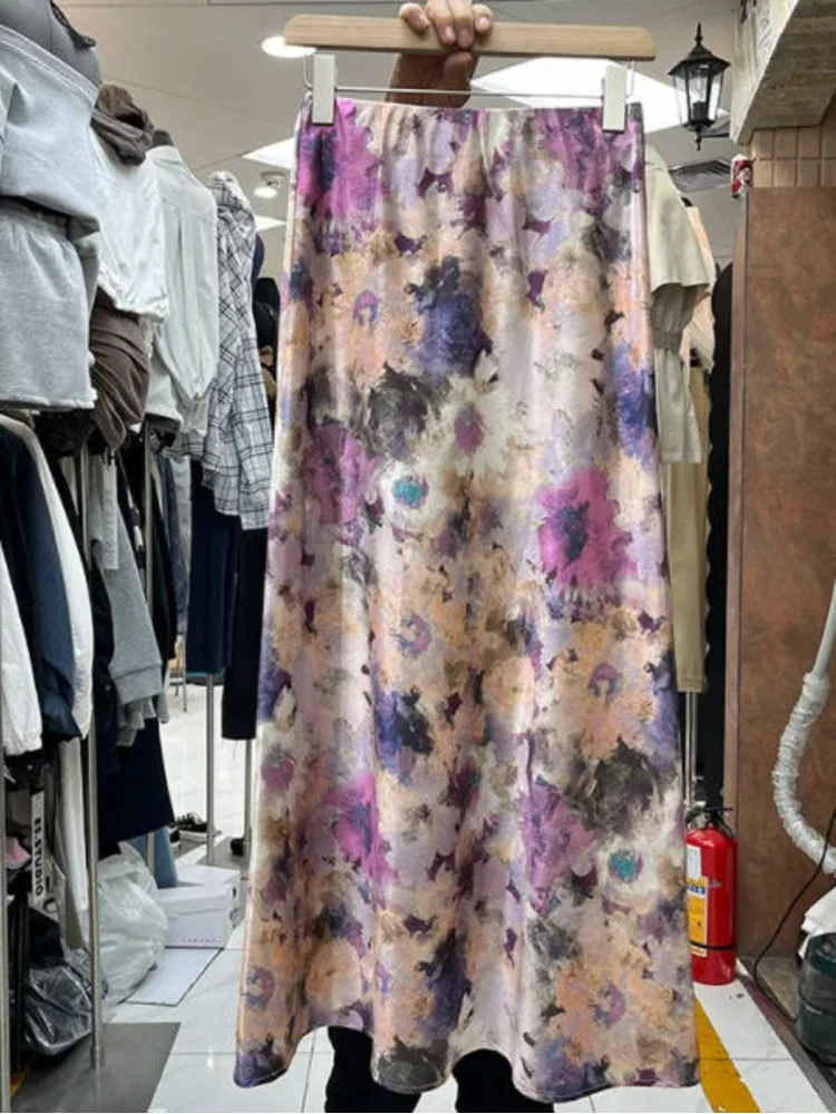 New Satin Floral Printed Long Skirts 2026 Spring Summer Trend High-waisted Elegant Faldas