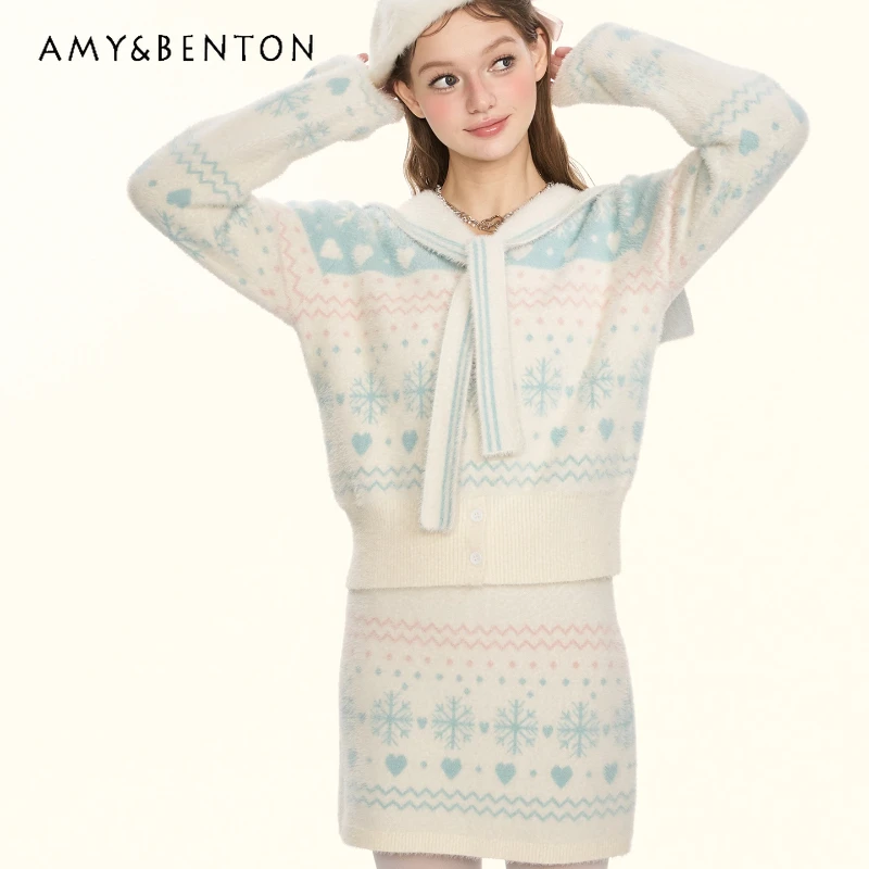 

Christmas Women's Clothing 2025 Winter Snowflake Navy Collar Fur Knitted Sweater Sweet Cute Mini Skirt Temperament Set Ladies