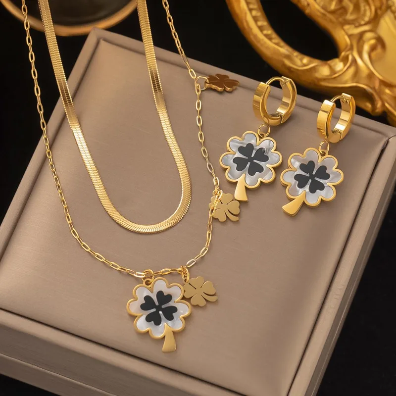 Fashion Four-leaf Flower Stainless Steel Earrings Necklace Set For Women Lucky Turkish Blue Eyes Drop Pendant Daywear Jewelry