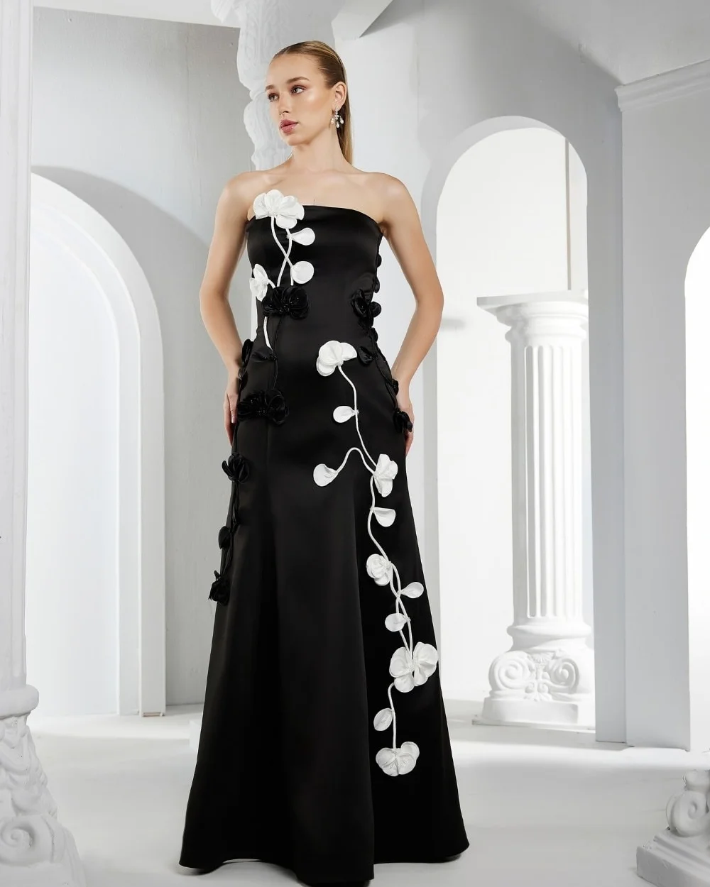 

Customized Intricate Jersey Pleat Handmade Flower A-line Strapless Long Dresses Bespoke Occasion Dresses Sizes Available