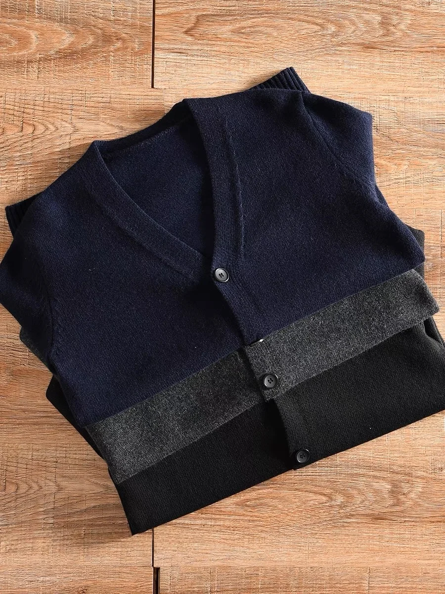 

Элитный мужской вязаный кардиган из 50% мериносовой шерсти с V-образным вырезом, осенне-зимний стиль, повседневный, комфортный, дышащий, с длинным рукавом