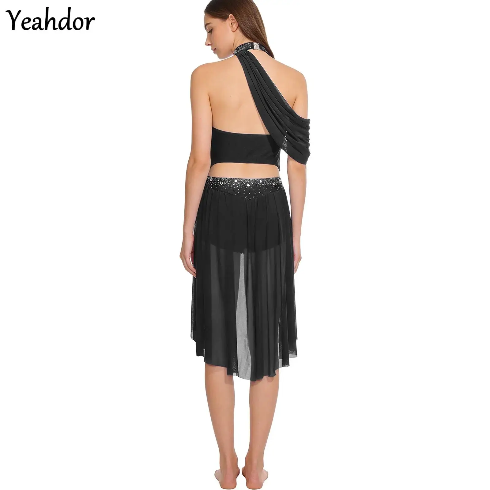 

Womens Latin Dance Dress Skating Cha-cha Tango Samba Performance Rhinestone Mesh Halter Backless Irregular Hem Leotard Bodysuit