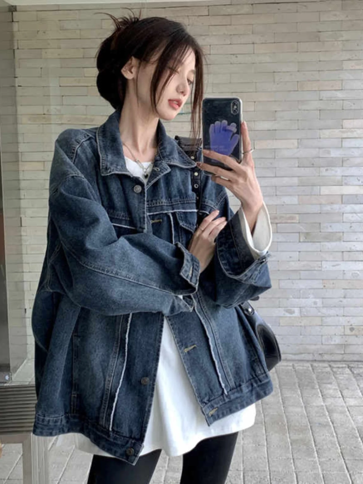 

Женская джинсовая куртка с воротником, свободная посадка, длинная све, весна-осень, большие размеры, утягивающая верхняя одежда, повседневная одежда для поездок на работу