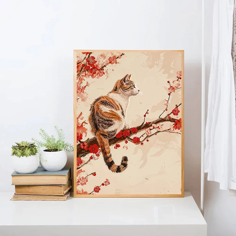 

Black Cat with Cherry Blossom Tree Poster Japanese Landscape Canvas Painting Print Wall Art for Living Room Home Decor Cuadros