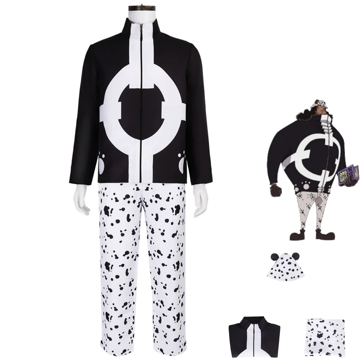 

Anime Bartholemew Kuma Cosplay Costume Nikyu Nikyu No Mi Black Long Sleeves Coat Tops Spot Printing Pants Hat Man Halloween Suit
