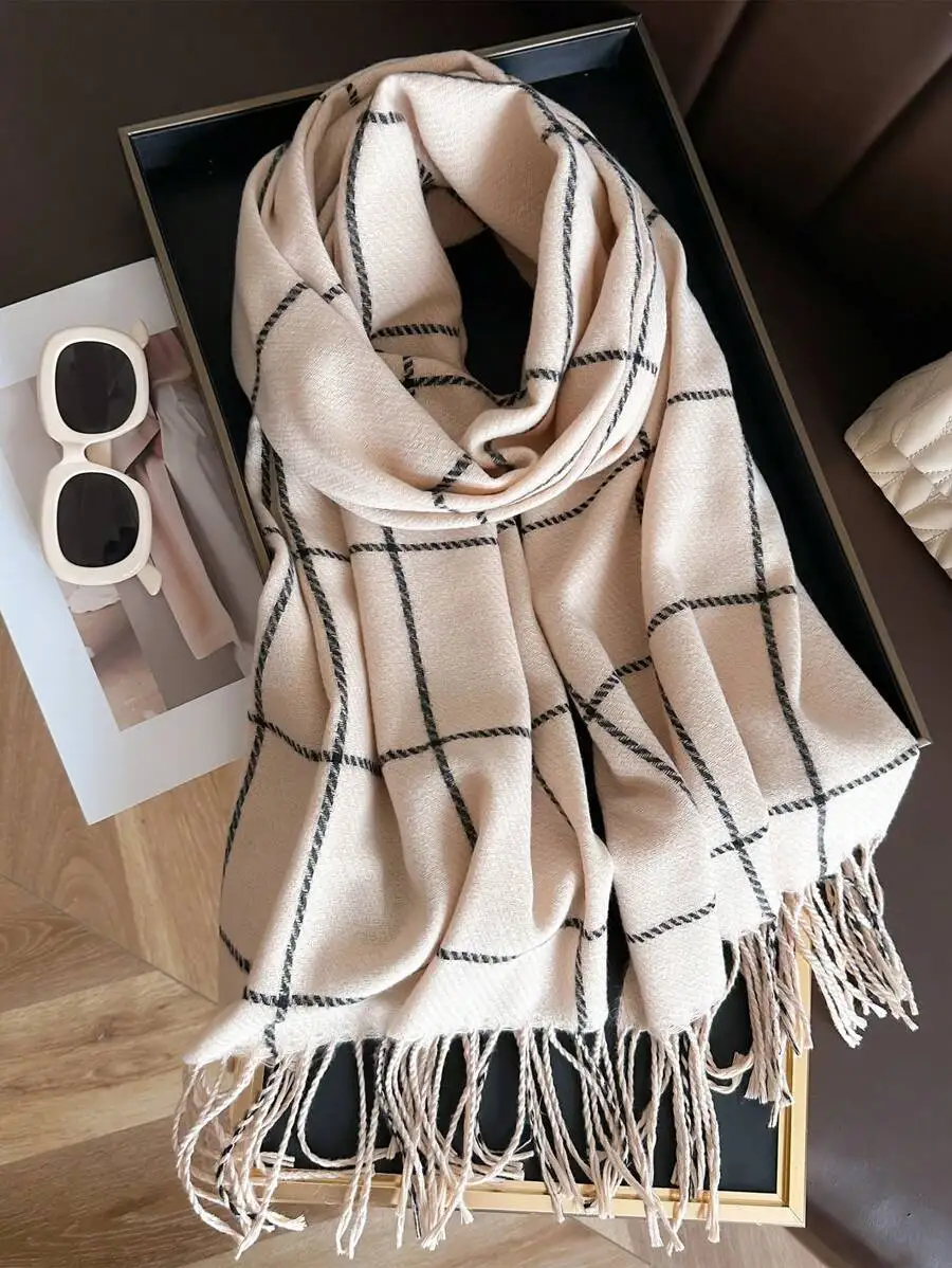 1pc Woman's Winter New Head Scarf Imitation Cashmere Plaid Ladies Scarves,Simple Fashion Tassel Ring Scarf Warm Shawl Blanket Unisex Cold,Casual Wear