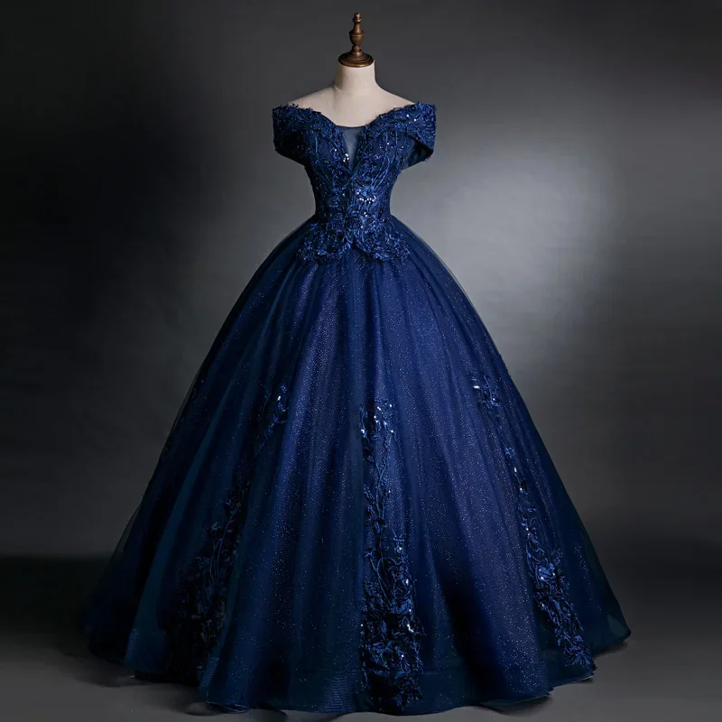 Vestido De baile azul marino con hombros descubiertos para quinceañera, traje Formal con apliques De cuentas para 15 años, fiesta De cumpleaños De princesa