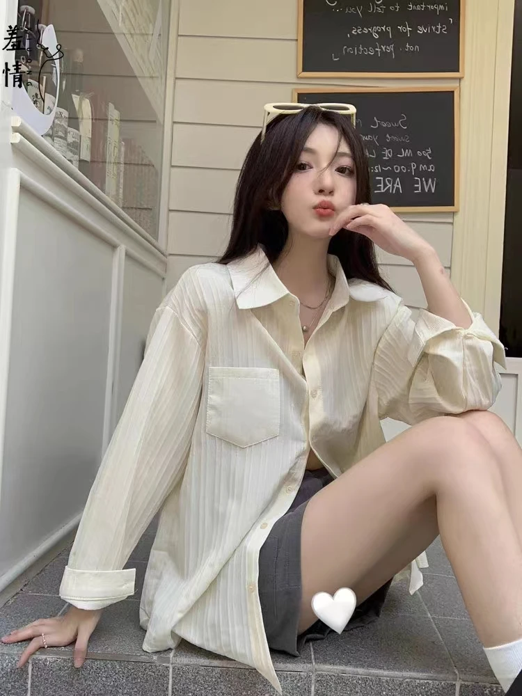 Loose Long Sve  Collar Salt Series irt Women's Summer Casual Faionable Top Pure Color Sun Protection Loose Fit