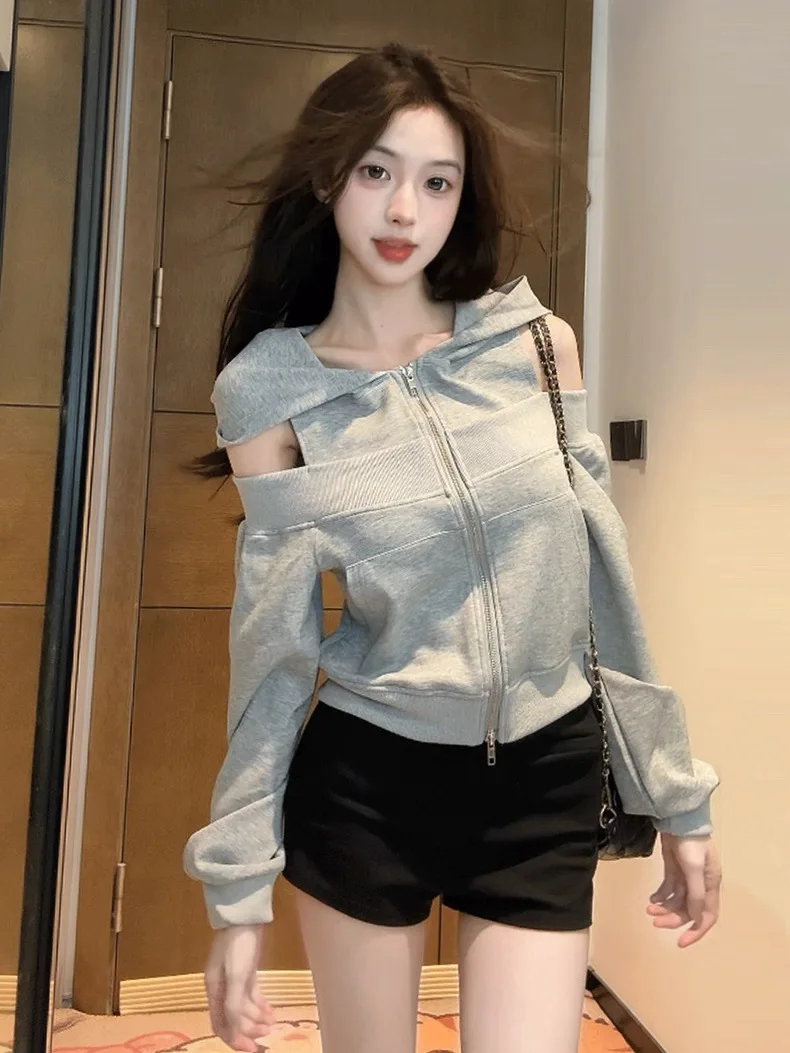 

Женская серая толстовка на молнии с капюшоном, весна 2026, новый американский стиль, с открытыми плечами, приталенный крой, в стиле Хепберн