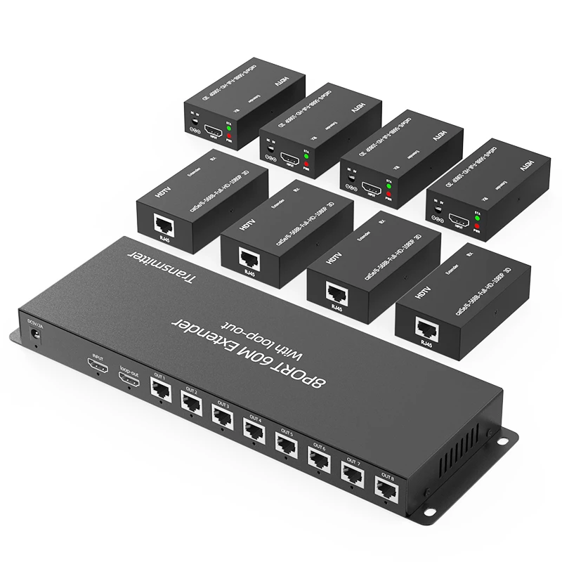 

1x8 HDMI Extender Splitter 60M 195ft over Ethernet Cat5e CAT6 Cable HDMI Splitter Video RJ45 Extender with Loop-out Support POC