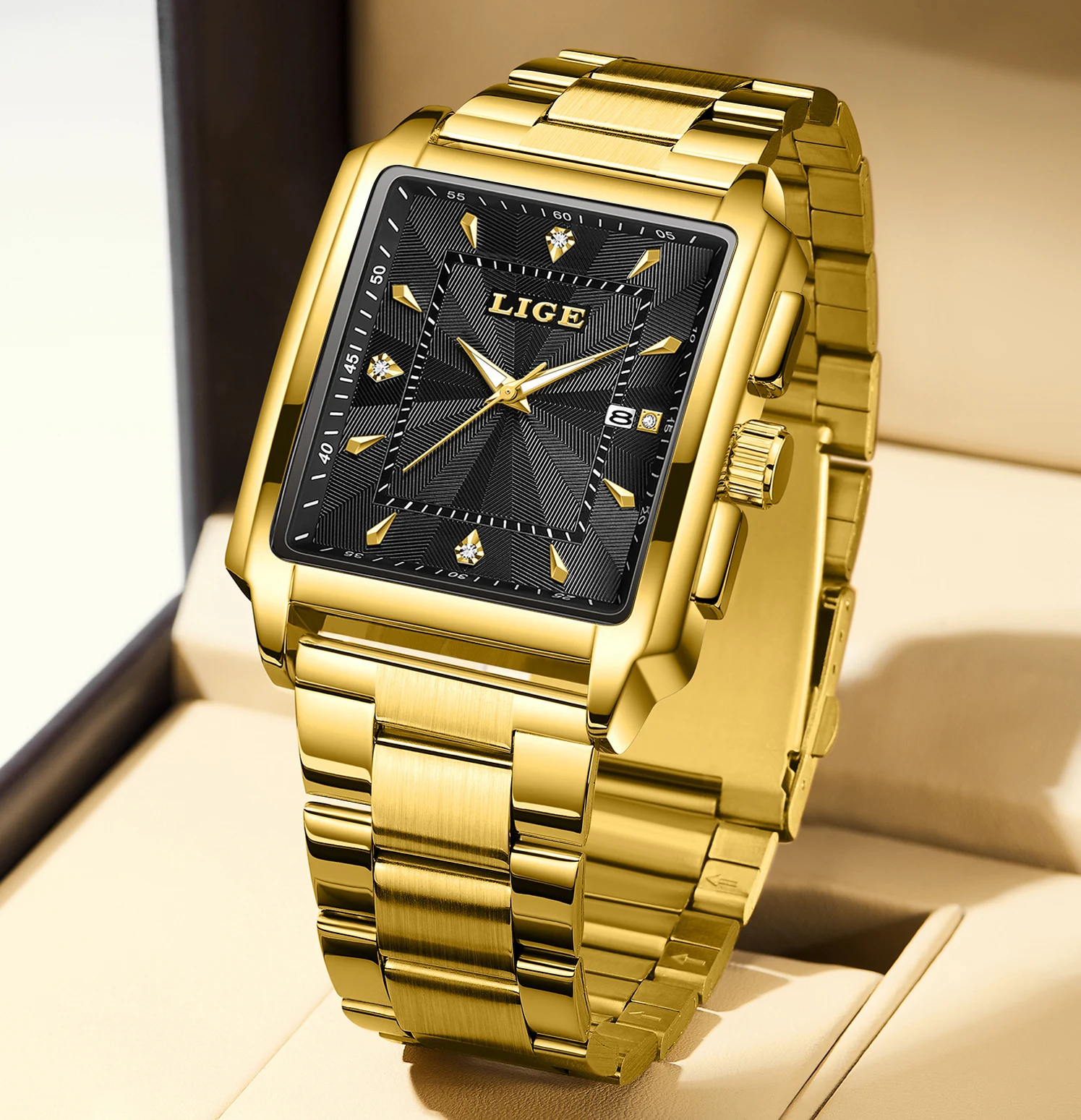 LIGE Fashion Business Watch Men Square Sport ساعات مقاومة للماء للرجال من أفضل العلامات التجارية الفاخرة العسكرية كوارتز كرونوغراف ساعة اليد