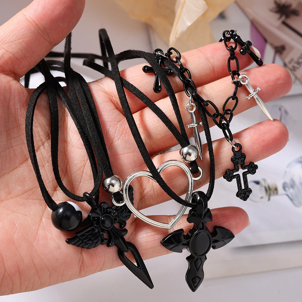 Aihua Vintage Mode Leder Seil Herz Kreuz Anhänger Halskette Für Frauen Männer Kpop Schmuck Zubehör Y2k Ästhetik – Detail 6