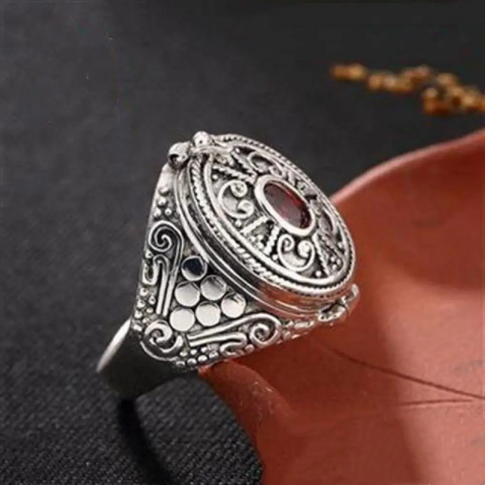 Unique Secret Compartment Gawu Box Ring Antique Ethnic Openable Finger Ring Alloy Adjustable Opening Ring Storage Container
