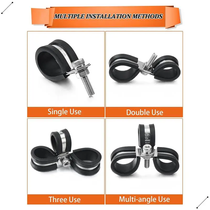 60 قطعة مجموعة متنوعة من مشابك الكابلات، 304 مشابك أنابيب وسادة مطاطية من الفولاذ المقاوم للصدأ R-نوع خرطوم المشبك 7 أحجام متينة وسهلة التركيب #2