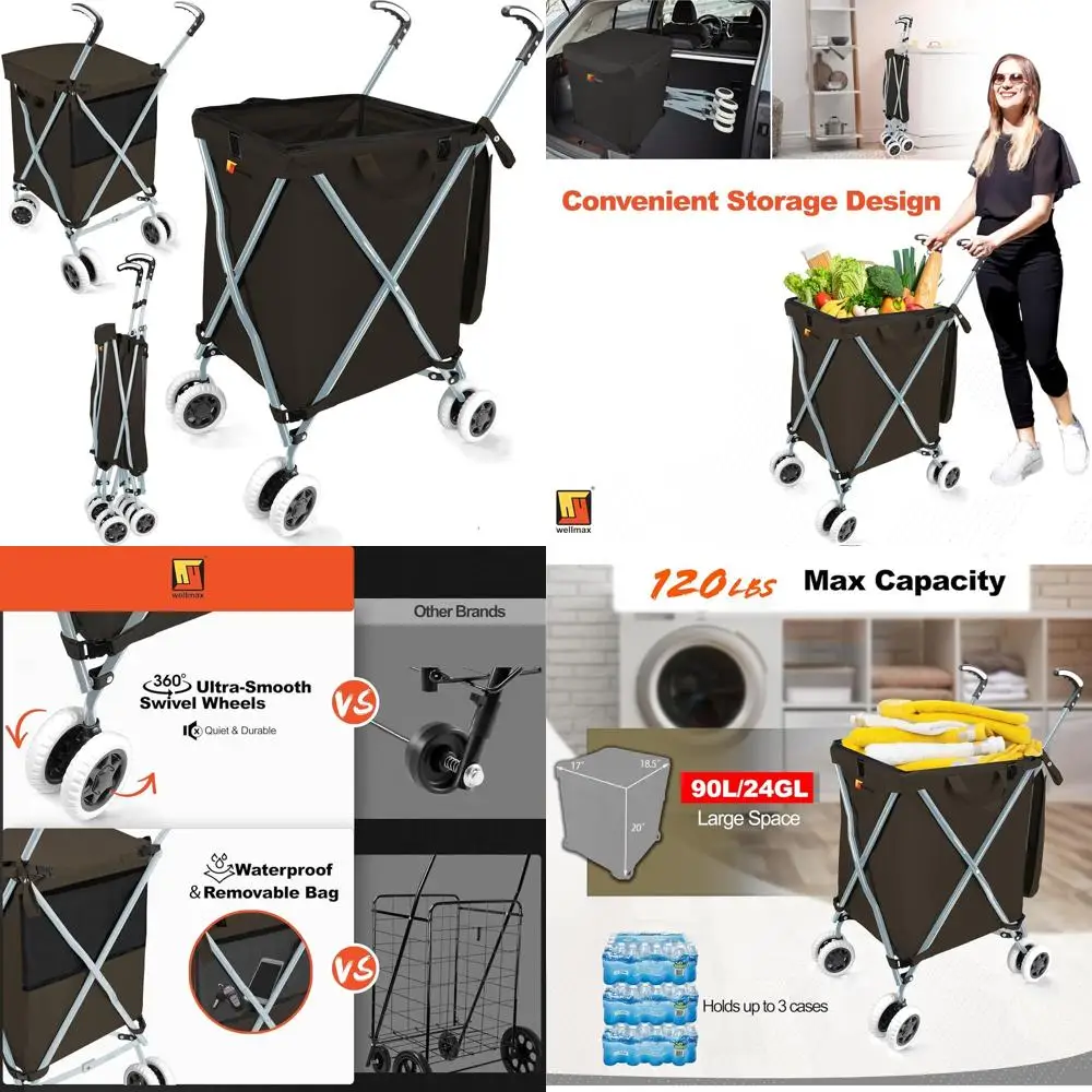 

Folding Shopping Cart with Wheels, Removable Canvas Cover, Lightweight Grocery and Laundry Cart - Holds 120 lbs (Black)